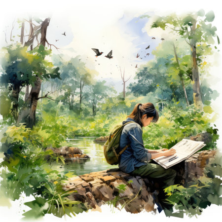 Watercolor painting of a young woman reading a map in the forestの素材