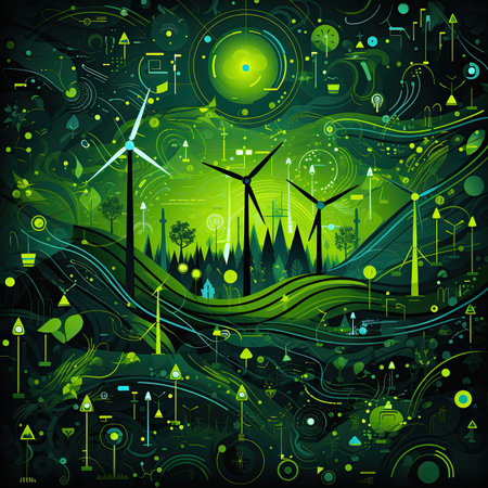 Ecology background with windmills. Green energy concept.の素材