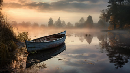 Rowing boat on the lake at sunrise. Beautiful autumn landscape.の素材