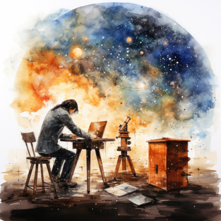 Watercolor man sitting at a table with a laptop and a telescopeの素材