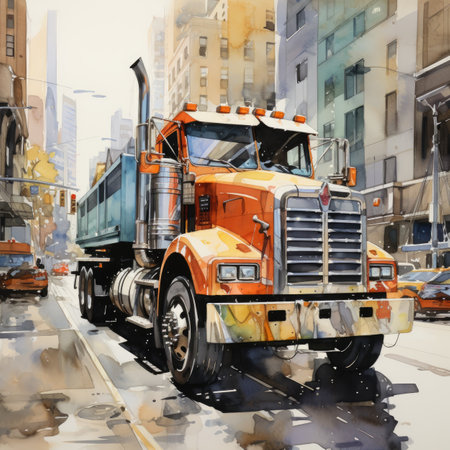 Oil painting of a big truck on the street in the city.の素材