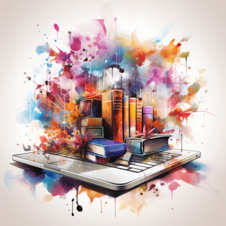 a laptop with books and colorful watercolor splashesの素材