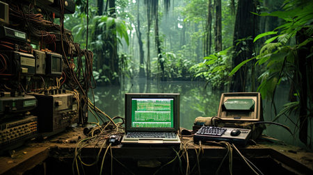 Computer monitor and electronic equipment in the jungle. Technology and science concept.の素材