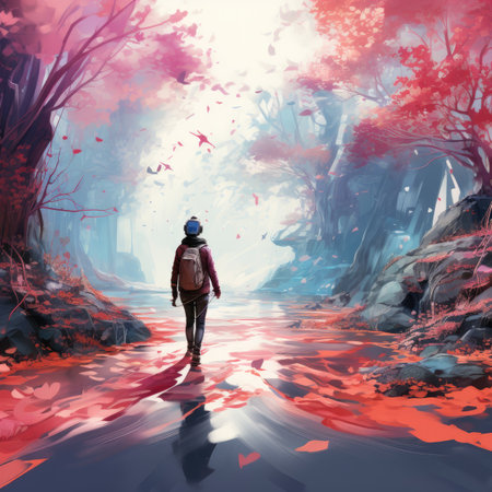 A young woman in a red jacket and with a backpack walks through the autumn forest.の素材