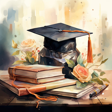 Graduation cap, books and flowers on a wooden table.の素材