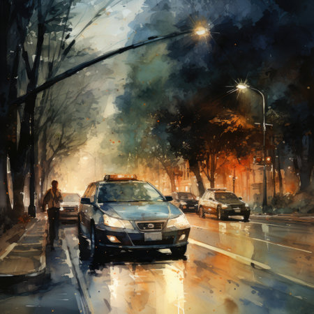 a car on a wet street in the evening.の素材