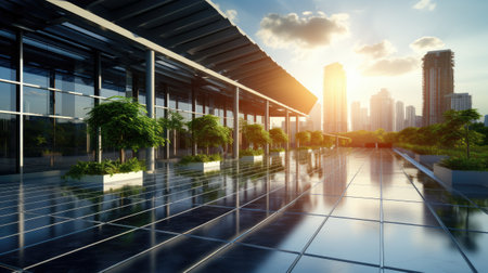 modern office building with glass wall and reflection on the floor at sunsetの素材