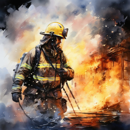 a fireman in uniform and helmet standing in front of burning buildingの素材