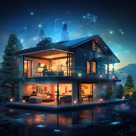 modern cozy chalet with pool and parking for sale or rent. Massive timber beams columns. Cool summer night with shiny transparent clouds.の素材