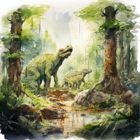 Watercolor dinosaur in the forest with trees and riverの素材