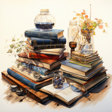 Vintage still life with old books and glass vase with dry leavesの素材