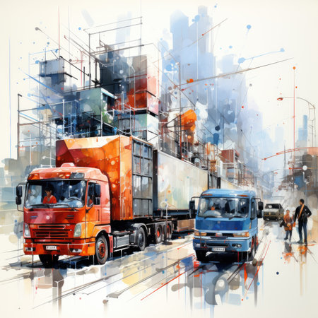 Trucks on the background of a modern city.の素材