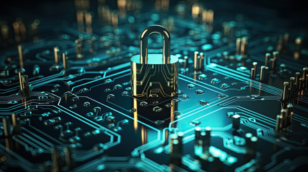 Cyber security concept with padlock on circuit board.の素材