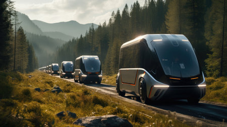 Cars on the road in the mountains at sunsetの素材