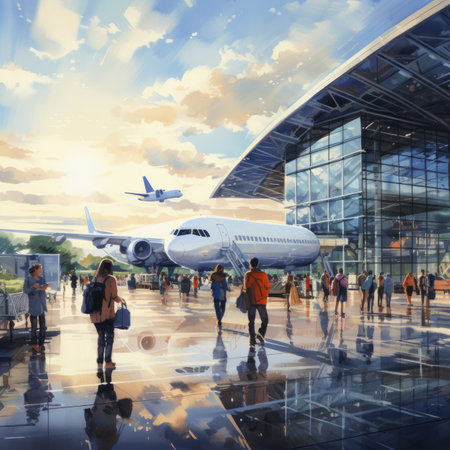 Airplane in airport terminal. Travel and tourism concept.の素材
