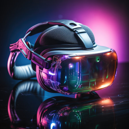 Virtual reality goggles on a black background. Neon light.の素材