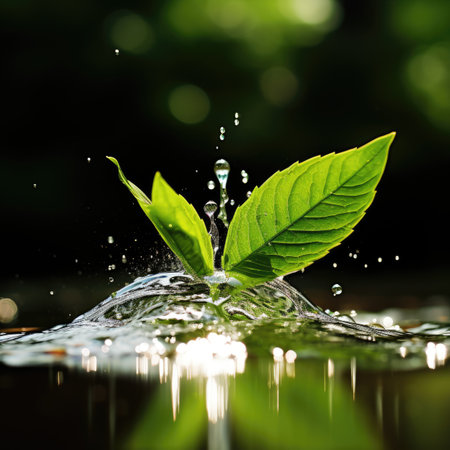 Green leaves and water drops on a dark background. Close-upの素材