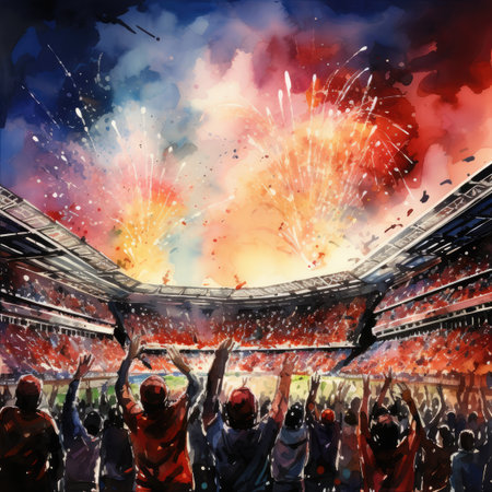 Soccer fans cheering at the stadium. Colorful watercolor illustrationの素材