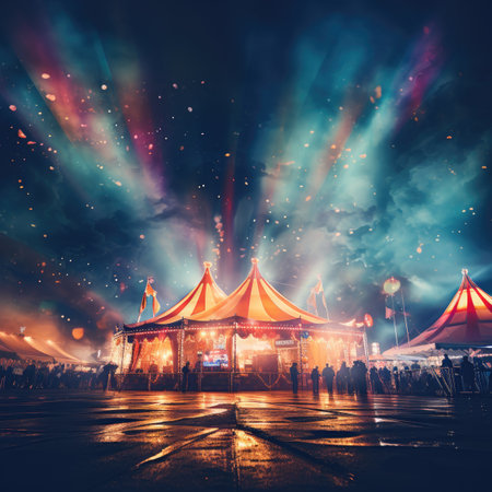 Circus show at night with colorful lights and people on the backgroundの素材