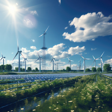 solar energy panels and wind turbines on a background of blue skyの素材