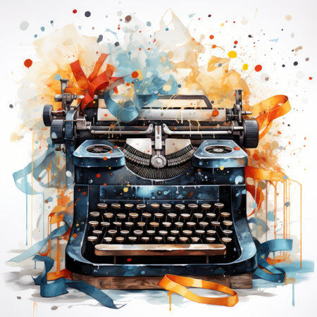 Vintage typewriter with colorful splashes and ribbons on white backgroundの素材
