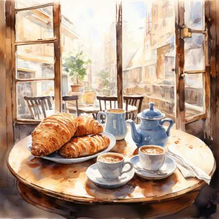 Coffee and croissants on a table in a cafeの素材