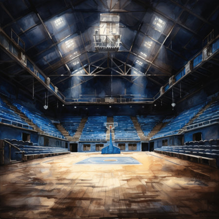 Digital painting of an empty sports arena with floodlights and seats.の素材