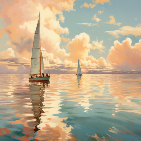 Sailing boat on the sea at sunset.の素材