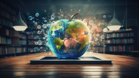 Earth planet in tablet pc screen on wooden table and bookshelf backgroundの素材