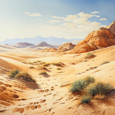 Desert landscape with sand dunes and blue sky.の素材