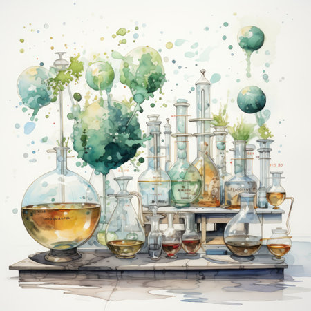 Laboratory glassware with colorful liquid on a white background. Watercolor illustration.の素材