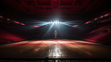 Empty boxing ring in a dark room with lights and spotlights.の素材
