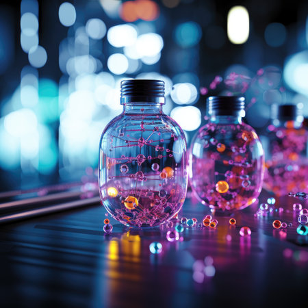 vials with molecule structure on dark background.の素材