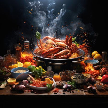Shrimps cooked in a cauldron with vegetables and spices on a wooden table.の素材