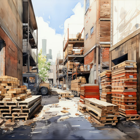 Warehouse with stacks of wood in the city.の素材