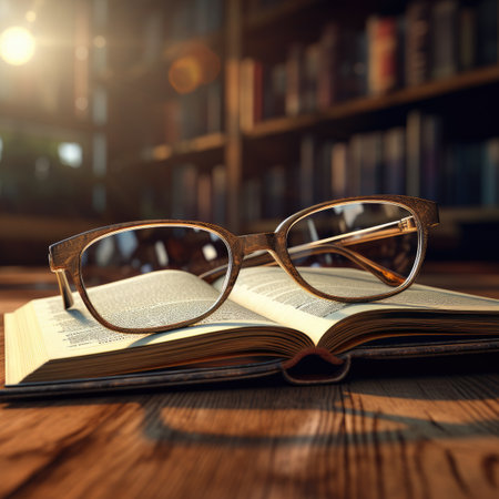 Glasses on an open book on a wooden table in a libraryの素材