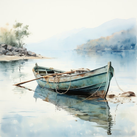 Fishing boat on the lake in the morning.の素材