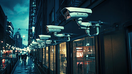 Surveillance cameras in the city at night.の素材