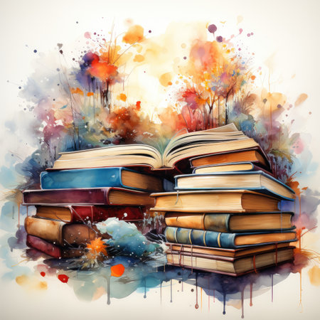 Pile of books on abstract watercolor background.の素材