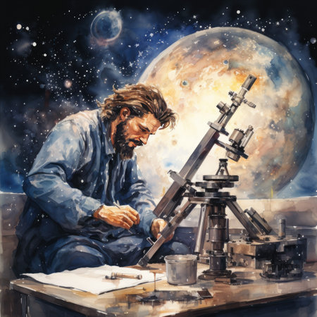 Painting of a man sitting at his desk in front of the moonの素材