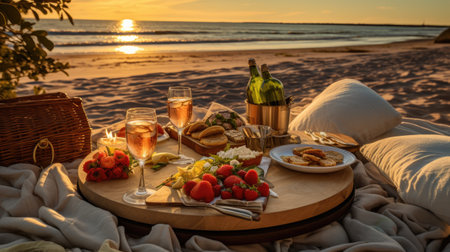 Picnic on the beach at sunset. Table with food and wine.の素材
