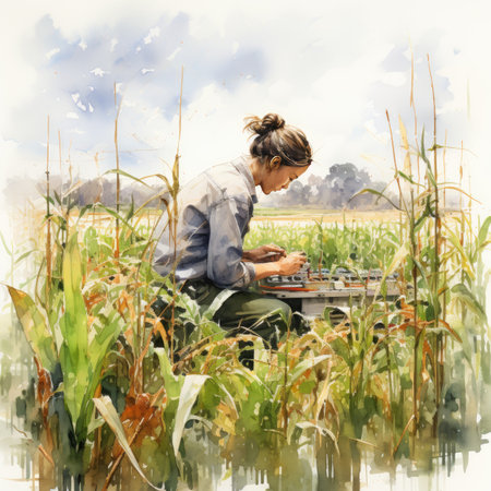 Digital watercolor painting of a young woman using a tablet in a corn fieldの素材