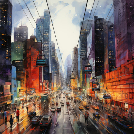 City street view with skyscrapers and traffic in the evening.の素材