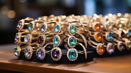jewelry rings with precious stones on display in a shop windowの素材