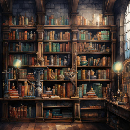 Old bookshelf in the interior of a libraryの素材