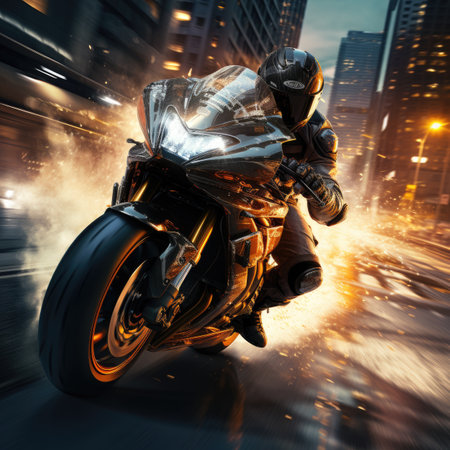 Motorcycle rider in action on the road at night.の素材