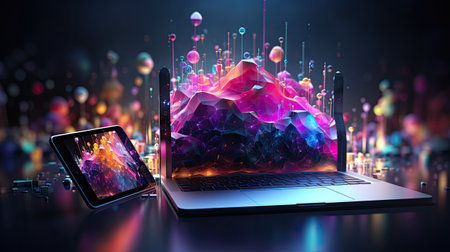 Laptop with abstract glowing hologram on dark backgroundの素材