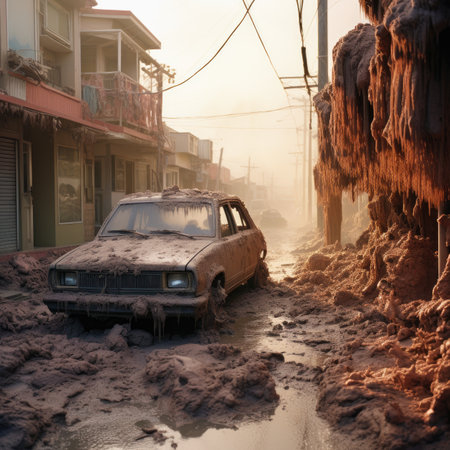 Abandoned car in the middle of a dirty road during a floodの素材