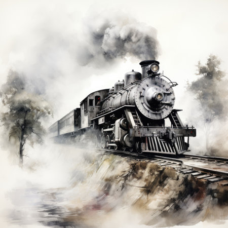 Digital painting of a steam locomotive on a railroad in the forestの素材