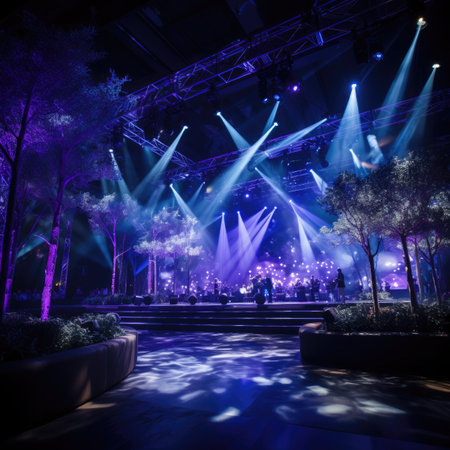 Stage Spotlight with Laser rays and smoke in the dark. Concert backgroundの素材